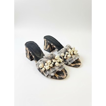 Dabab Shoes Nubıa Kadın İnci Detaylı Hasır Topuklu Leopar Terlik Sandalet