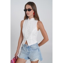 Thalure Kadın Beyaz Fisto İşlemeli Slim Fit Yelek