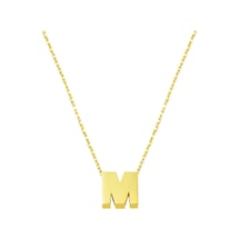 M Harfi Taşsız Minimal Harf Kolye 14 Ayar Altın