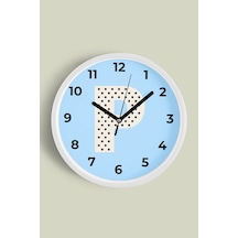 P Harfi Erkek Odası Duvar Saati - 42cm - Önü Camlı Beyaz Kasa - Sessiz Mekanizma Beyaz