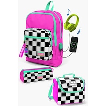 Coral High Kids Neon Pembe Dama Desenli Usb'li 3 Lü Okul Çanta Seti Set0123801 Pembe