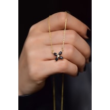 925 Ayar Gümüş Gold Kaplama Siyah Zirkon Taşlı Plumeria Kolye UVPTS100431-4