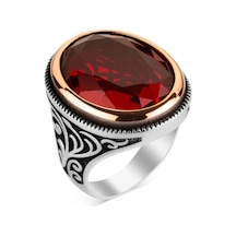 Takılingo 925 Ayar Gümüş Kırmızı Zirkon Taşlı Oval Fasetali Erkek Yüzük Gümüş