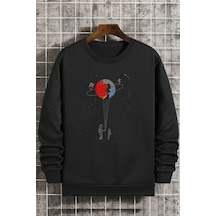Unisex Evren Temalı Bisiklet Yaka Sweatshirt Siyah