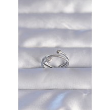 Ezoconcept Pirinç Gümüş Renk Zirkon Taşlı Kalpli Model Ayarlanabilir Yüzük Çok Renkli