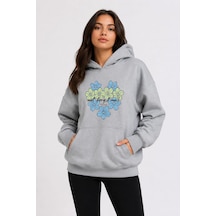 Herkesemoda Kalp Çiçek Baskılı Kapüşonlu 2 İplik Şardonlu Sweatshirt Gri