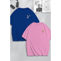 Unisex Kadın Erkek Çiçekli Tom Ve Jerry Baskılı Sevgili Çift Kombini Tasarım Oversize Tshirt 2'li Pembemavi Mck0144 Çok Renkli