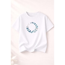 Herkesemoda Kelebek Döngüsü Baskı Detaylı Kadın Bisiklet Yaka Pamuklu T-shirt Beyaz