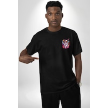 Ay Mars Astronot Siyah Oversize Unisex Ön Sol Yan Minimal Baskılı Tişört Koyu Siyah