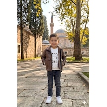 Erkek Çocuk Kahverengi Kürklü İçi Yünlü Deri Mont 3 Lü Takım Kahverengi