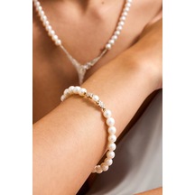 6,5 Mm Zirkon Taşlı Doğal İnci Bileklik 22 Cm / Sarı Sarı Sarı Altın
