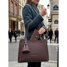 Just Polo Kadın Büyük Boy Premium Gümüş Logolu El Çantası Ve Cüzdanı Kombin Tote Bag Ebat : 22 X 34 Cm Kahverengi