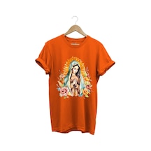 Renkli Meryem Ana Baskılı %100 Pamuk Regular Fit Bisiklet Yaka Turuncu T-shirt Turuncu