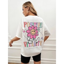 Positive Flower Süprem T-shirt - Beyaz Baskılı Oversize Bisiklet Yaka Tişört Beyaz