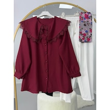 Lovie Moda Yakası Dantel Detaylı Pantolonlu Takım Bordo-beyaz