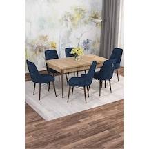 Zümra Serisi, Meşe Desen 80x132 Açılabilir Mdf Mutfak Masası Takımı 6 Adet Sandalye Lacivert