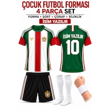 Yenteks İsim Yazılır Çocuk Futbol Forması Yeşil Beyaz T Özel Tasarım 4 Parça Forma+şort+çorap+bileklik Beyaz - Yeşil