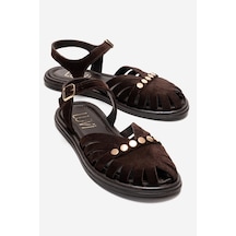 Luvishoes Chıela Kahverengi Süet Hakiki Deri Bilekten Bantlı Kadın Sandalet
