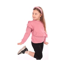 Toontoy Kız Çocuk Oversize Bisiklet Yaka Düşük Omuz Asimetrik Sweatshirt - Fırfır Detaylı & 2 İplik Mercan