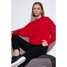 Lela Streç Bisiklet Yaka Oversize Fit Scuba Bayan Sweat 5865879 Kırmızı