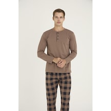 Kly Erkek %100 Pamuklu Düğmeli Yaka Ekose Desen Uzun Kollu Pijama Takım c