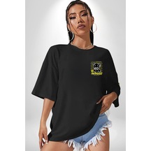 Kendin Ol Siyah Oversize Unisex Ön Sol Yan Minimal Baskılı Tişört Koyu Siyah