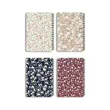 Mini Çiçekler Tasarım 4'lü Defter Seti - A5 Boyut, Çizgisiz, Tel Spiralli - Günlük, Ajanda, Okul Ve Anı Defteri 124-Pembe