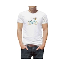 Sulu Boya Mavi Bisiklet Baskılı Beyaz Erkek Tshirt