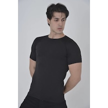 Erkek Omuz Fileli T-shirt Kısa Kol Bisiklet Yaka Slimfit Tişört - Siyah Siyah