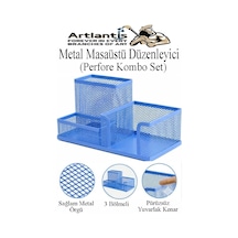 Masaüstü Metal Kalemlik Seti 3 Lü Kombo 1 Paket Fileli Perfore Renkli Kalemlik Kağıtlık Küpnotluk Düzenleyici Mavi