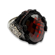 Agakulche Gümüş Erkek Kırmızı Taşlı Damask Desen Yüzük Gümüş