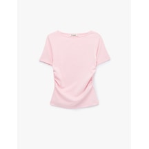 Koton Kayık Yaka Kısa Kollu Slim Fit Pamuklu Büzgülü Tişört Pembe 6sal10787ık Gül