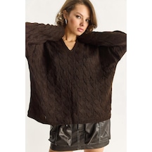 Shade Kadın Oval Yaka Saç Örgü Oversize Triko Kazak Tk241277 60284091 - Kahve