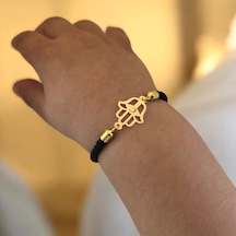 C Harfine Özel 14 Ayar Altın Plakalı Siyah İpek Örgülü Hamsa Motifli Hediye Bileklik-509harf C