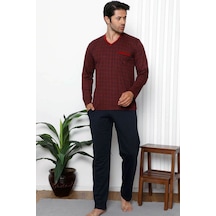 Alimer Erkek Bordo Ekoseli Desen V Yaka Cepli Erkek Pijama Takım EDY1178 Bordo