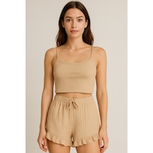 Crop Takım - Askılı Crop Takım Likralı Bej Xl Çok Renkli