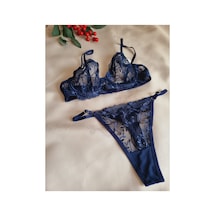 Demirsa Boutique Dantelli Çiçek Desenli Balenli Sütyen İç Çamaşır Takım Lacivert Lacivert