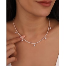 Sarkık Kalp Taşlı 2 Mm Suyolu Zincirli Gümüş Kolye Rose Gold