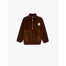 Koton Uzun Kollu Cep Detaylı Baskılı Yarım Fermuarlı Polar Sweatshirt Kahverengi 6wkg10147ak Kahve