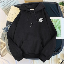 Naruto Konoha Simgeli Siyah Kapşonlu Sweatshirt