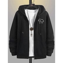 Bulut Şimşek Fermuarlı Hırka Sweatshirt - Siyah Baskılı Oversize Kışlık Kalın Kapüşonlu Siyah
