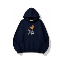 Herkesemoda Portre Ve Kelebek Baskılı Kapüşonlu 2 İplik Şardonlu Sweatshirt Lacivert