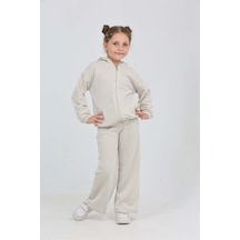 Toontoy Kids Toontoy Kız Çocuk 2'li Takım Çizgili Kapüşonlu Fermuarlı Cepli Sweatshirt & Beli Lastikli Bol Paça Eşofman Altı - Müslin Bej
