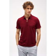 Bordo Slim Fit Dar Kalıp Fermuarlı Polo Yaka Düz Kısa Kollu Tişört-16407 Bordo