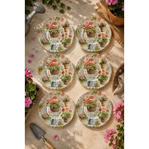6 Lı Cam Çay Tabağı - Bahçe Çiçekleri Ve Sardunya Desenli 12 Cm - 6 Adet Çay Tabak Kahverengi