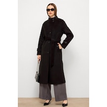 Olcay Dik Yaka Oversize Uzun Kaban Siyah 3124
