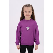 Toontoy Kız Çocuk Relax Fit Bisiklet Yaka Düşük Omuz Nakış Baskılı Sweatshirt - 2 İplik Mor
