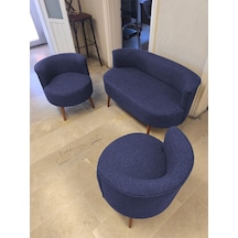Azra Mobilya Sydney Çay Seti Koltuk Takımı Keten Kumaş 2+1+1 Ceviz Ayak Modern Salon & Ofis Takımı Krem Mavi