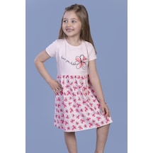 Toontoy Kız Çocuk Çiçek Desenli Yazı Nakışlı Pullu Taş İşlemeli Elbise Pudra