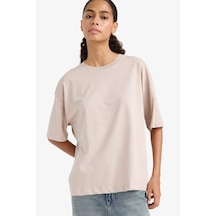 Defacto Oversize Geniş Kalıp Bisiklet Yaka Basic Düz Penye Kısa Kollu Tişört C0099ax25aubg130 Bej